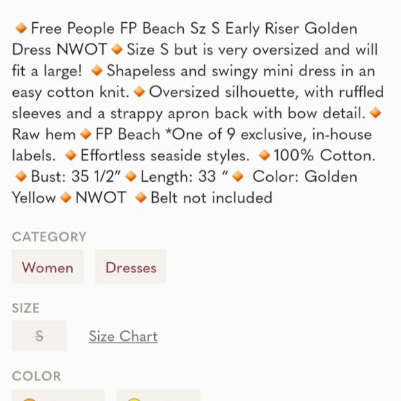 Free People FP Beach Sz S Early Riser Golden Dress - Picture 9 of 9
